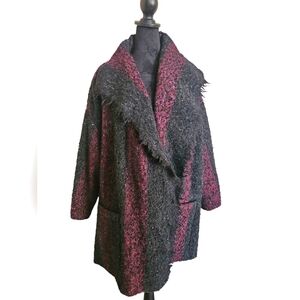 IRO Beverly Black Burgundy Wool Blend Stripe Open Front Coat Size 8